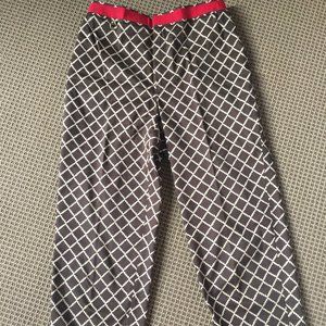 brown windowpane plaid capris with red ribbon trim